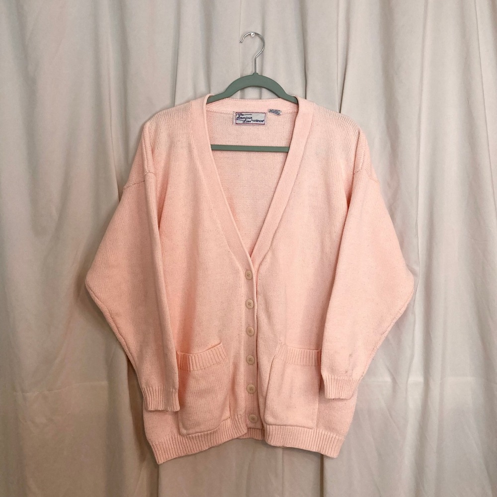 Vintage 90s Pastel Pink Button Up V-Neck Knit Cardigan The American Line L Retro